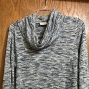 Loft Tunic Top - Slouchy Cowl Neck Long Sleeves Blue/White M/L